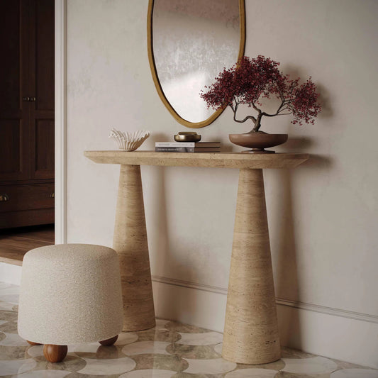 Sandra Faux Indoor/Outdoor Console Table by TOV Furniture in travertine. Made from concrete in a transitional style.