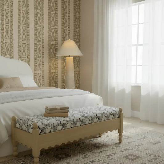 Thelma Leopard Jacquard Bench by TOV Furniture. Made from fabric, oak in a eclectic & global style.