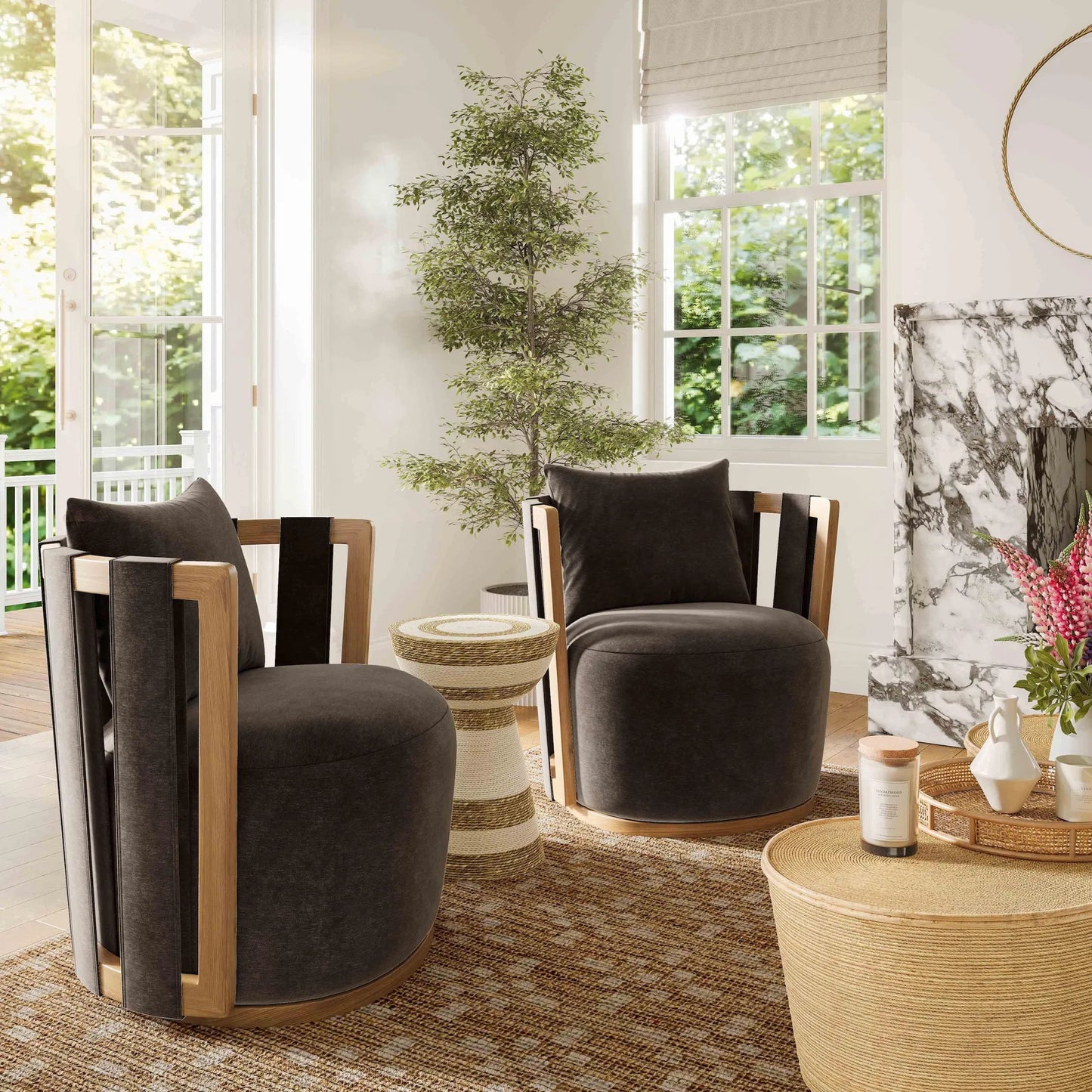 007 SI-2439976 | Lifestyle | Paolo Upcycled Fabric Swivel Chair by TOV Furniture in chocolate brown. Made from plywood, recycled fabric, wood in a transitional style.