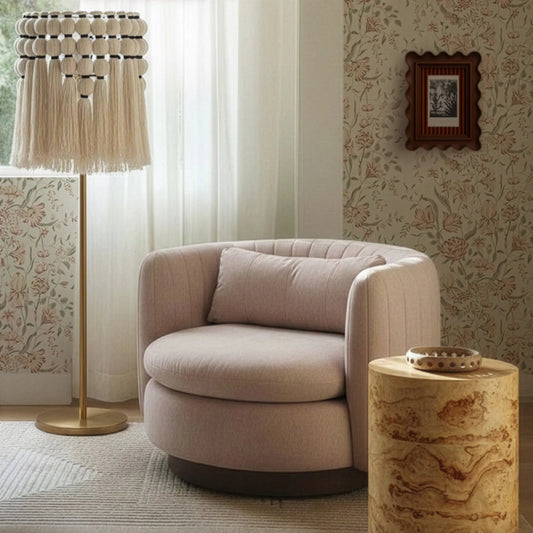 Fig Burl Drum Side Table by TOV Furniture in natural. Made from mdf, veneer in a unique style.