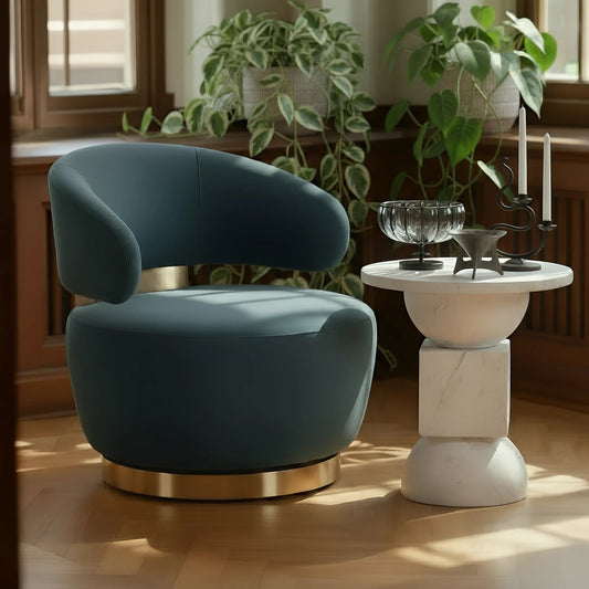 Austin Velvet Swivel Chair by TOV Furniture in dark teal. Made from fabric, plywood, stainless steel in a unique style.