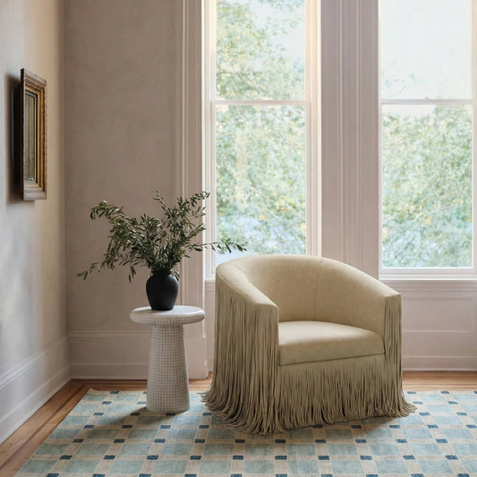 Shag Me Performance Swivel Accent Chair by TOV Furniture in tan. Made from vegan leather, wood in a unique style.