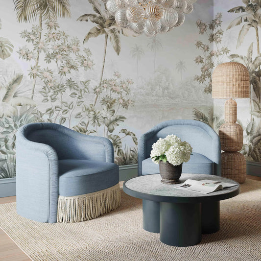 Pamela Recycled Fabric Tassel Lounge Chair by TOV Furniture in blue. Made from fabric, plywood, tassel, wood in a traditional style.