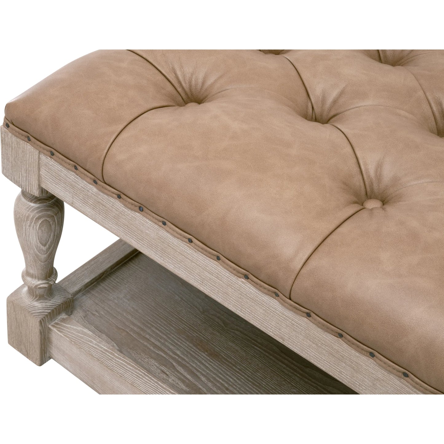 003 SI-2249351 | Closeup | Townsend Tufted Upholstered Coffee Table by Essentials For Living in ivanhoe-toast, natural gray ash. Made from solid ash wood, ash veneer, plywood in a transitional style.