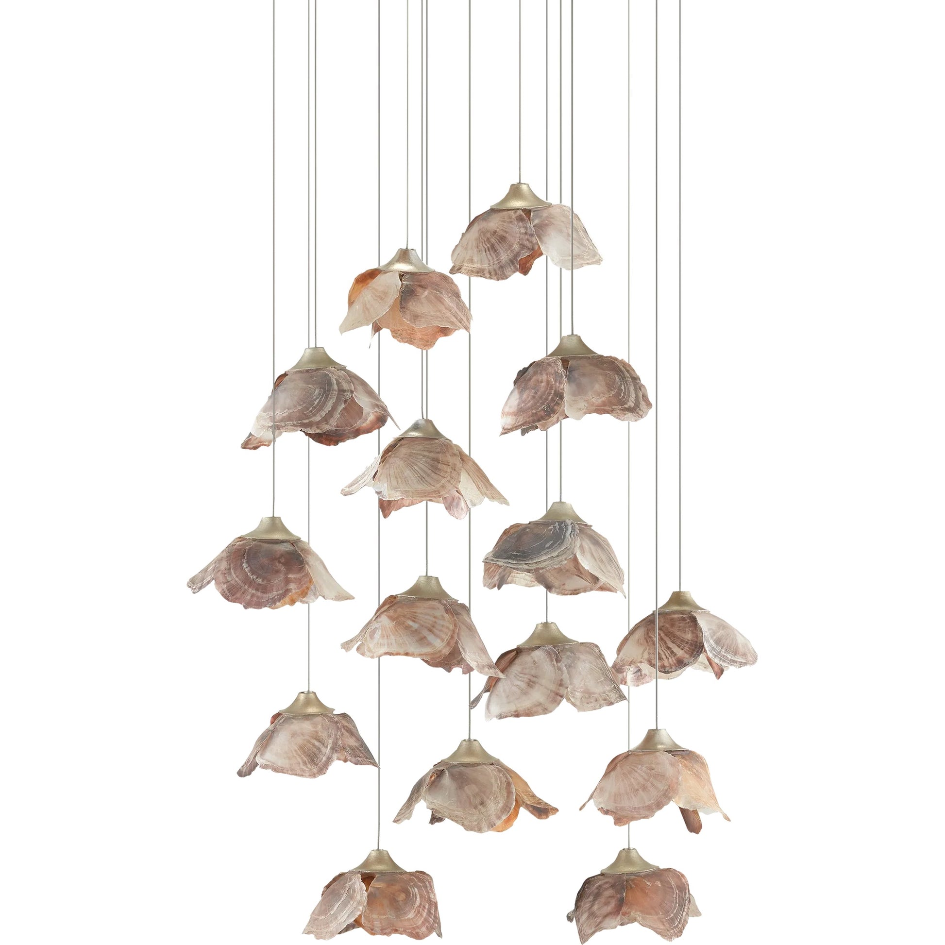 Catrice Pendant by Currey and Company in painted silver, contemporary silver leaf, natural shell. Made from capiz shell, wrought iron in a coastal style.