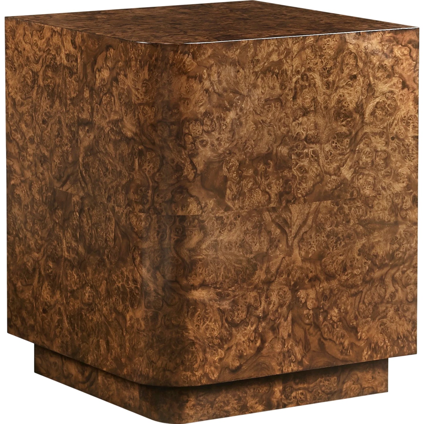 001 SI-2334499 | Primary Silo | Jacques Radius End Table by Jonathan Charles in brown and walnut burl. Made from book match walnut burl veneer in a unique style.