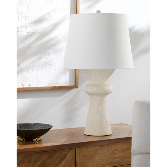 Tipas Table Lamp by Surya in white, translucent, metallic nickel. Made from ceramic, linen, polyester, plastic in a transitional style.