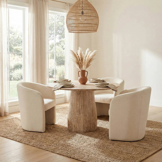 Truffle Round Dining Table by LH Imports in light brown and natural white wash. Made from mango wood in a unique style.