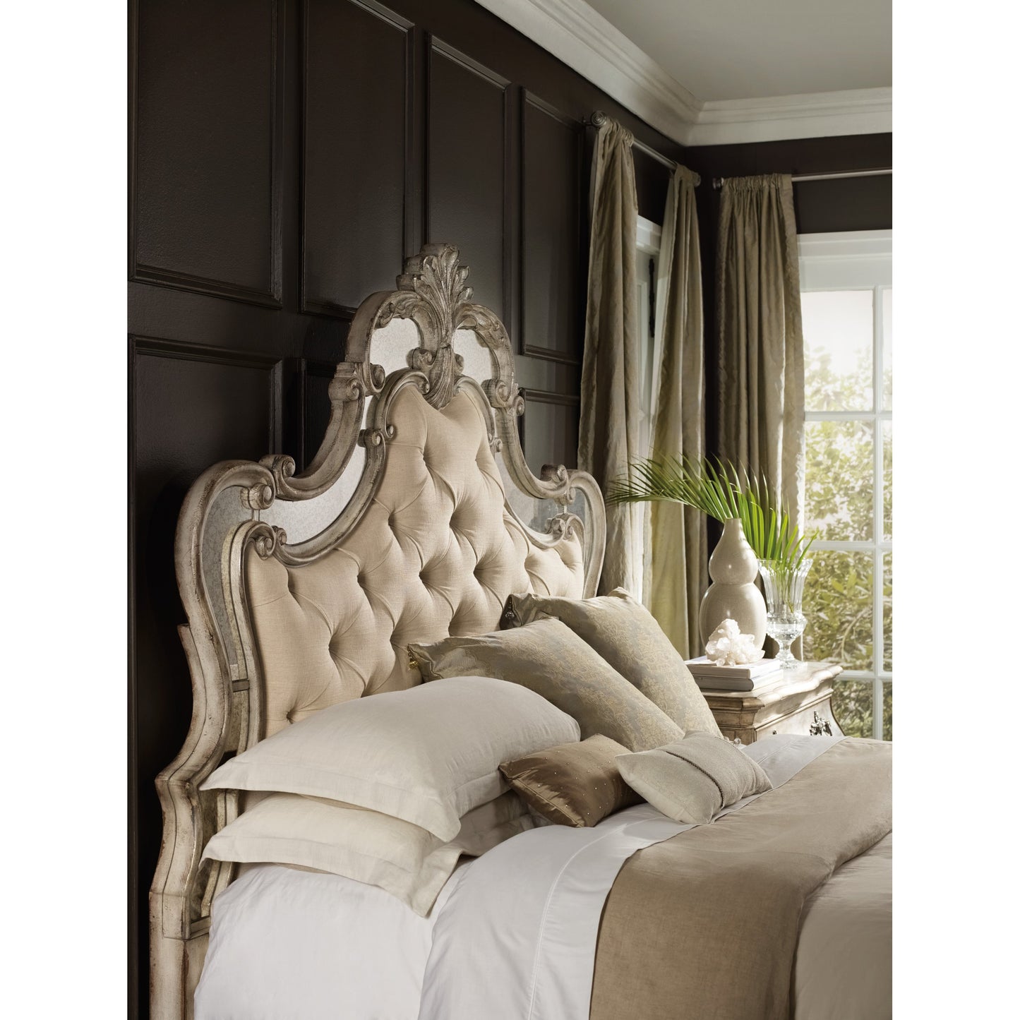 004 SI-1749648,SI-1749649,SI-1749650 | Lifestyle | Sanctuary Upholstered Bed by Hooker Furniture in beige and bardot. Made from hardwoods, resin, fabric, mirror in a traditional style.