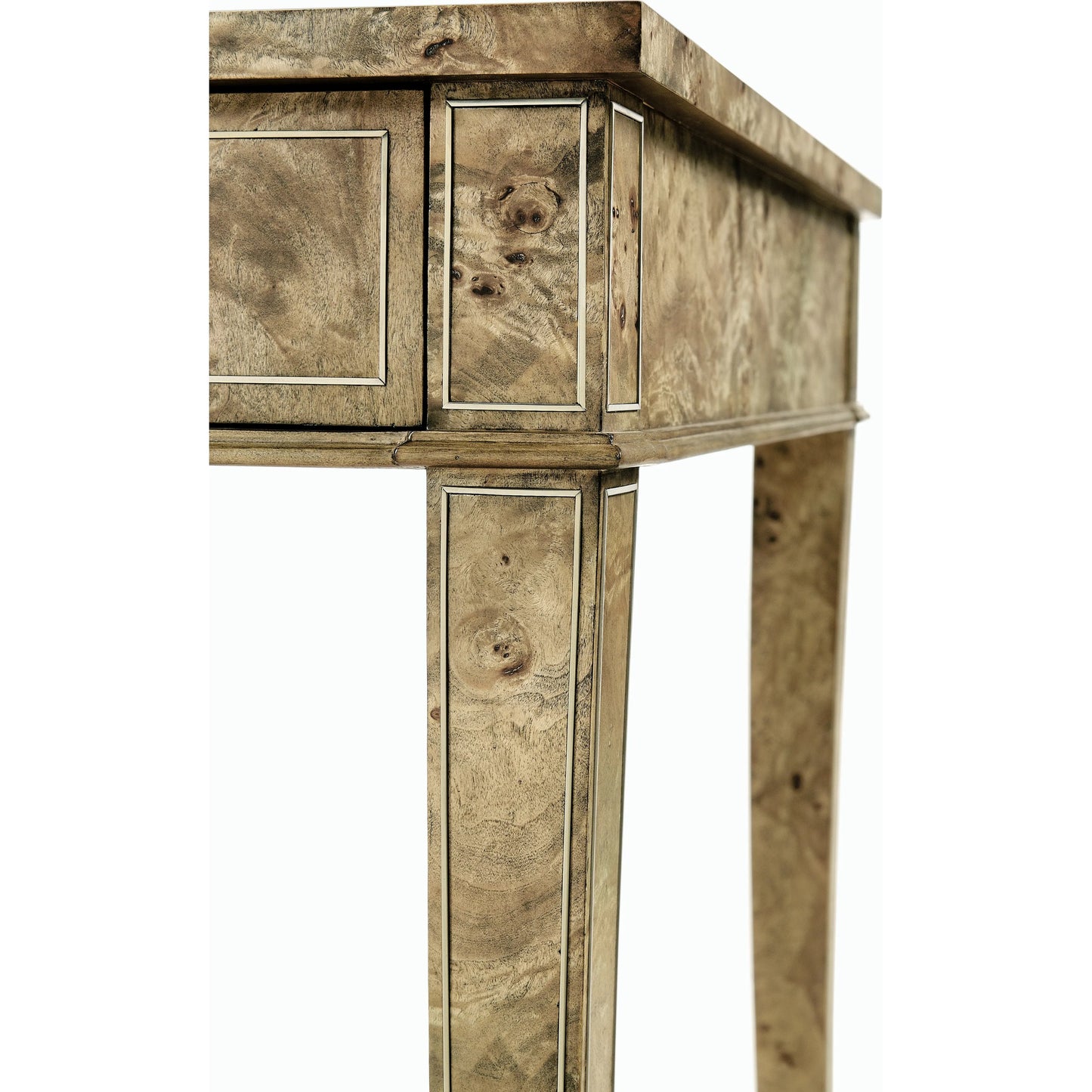 002 SI-2186368 | Closeup | Reimagined Fulgurite Desk by Jonathan Charles in golden amber. Made from mappa burl veneer in a modern style.