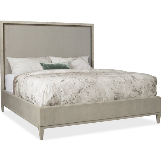 Elixir Bed by Hooker Furniture in grey and greige. Made from chinese walnut veneers, fabric in a modern style.
