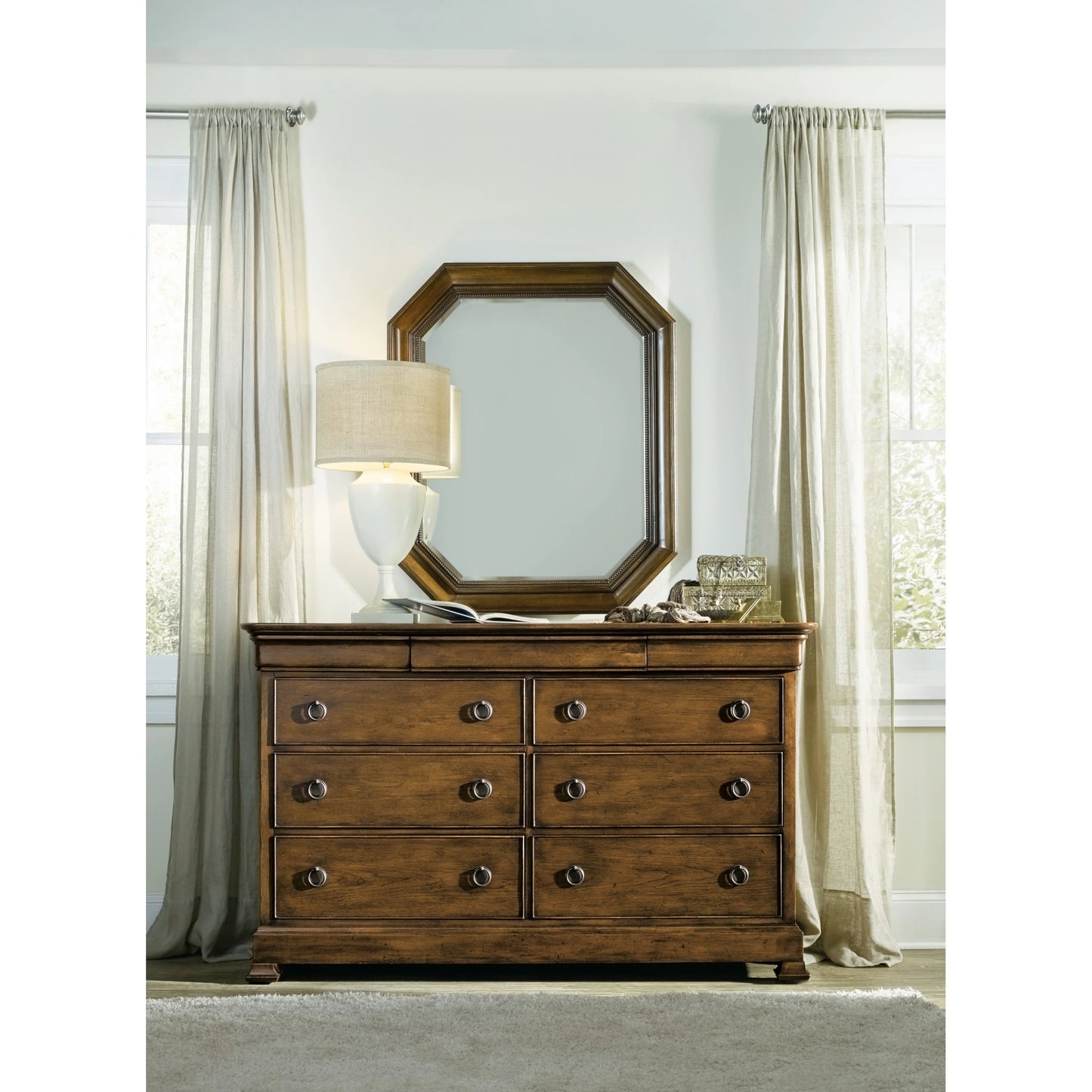 004 SI-1748331 | Lifestyle | Archivist Dresser by Hooker Furniture in pecan. Made from pecky pecan veneers, felt in a traditional style.