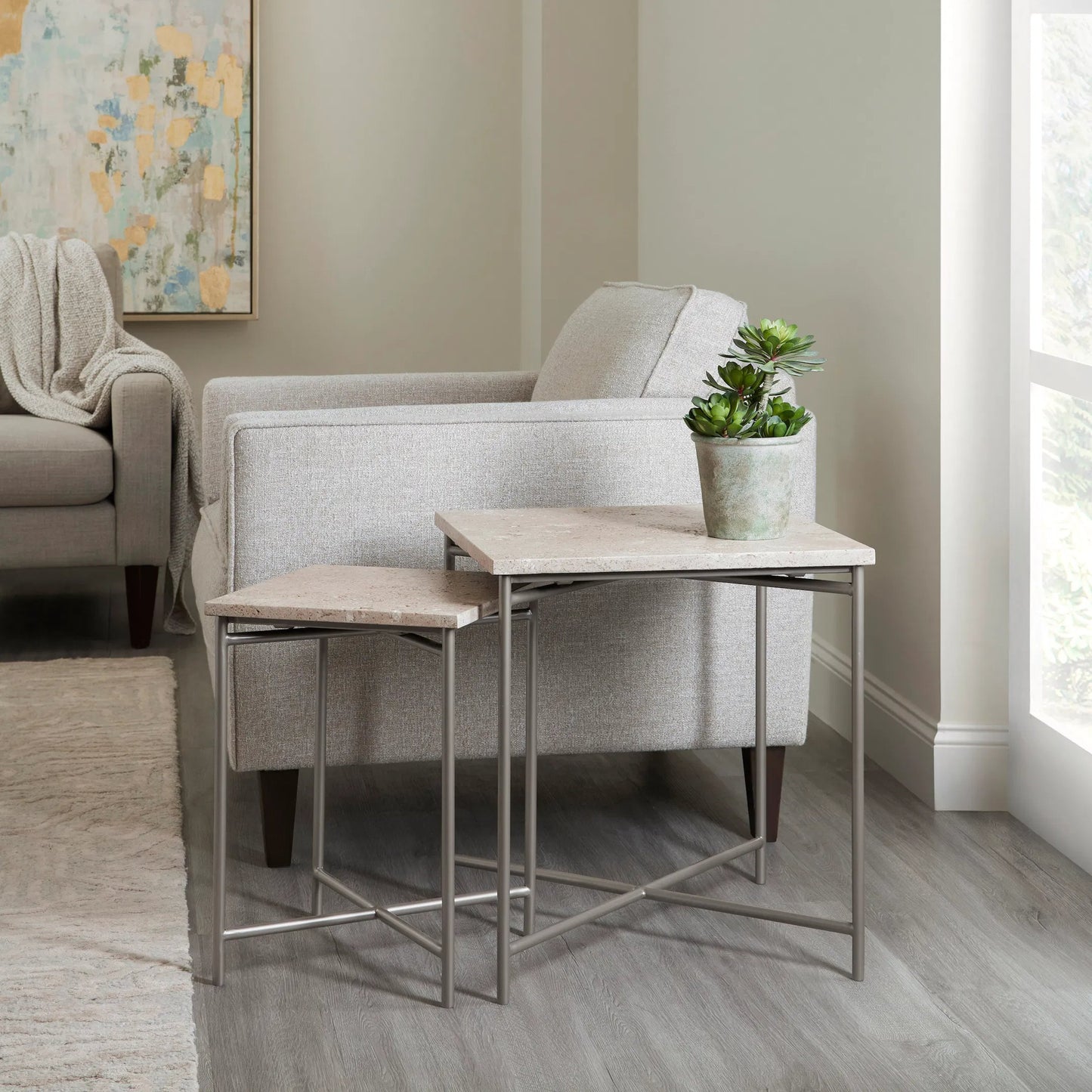 004 SI-2238763 | Lifestyle | Small Stone Top Nesting table by Pulaski Furniture in cream. Made from stone in a modern style.