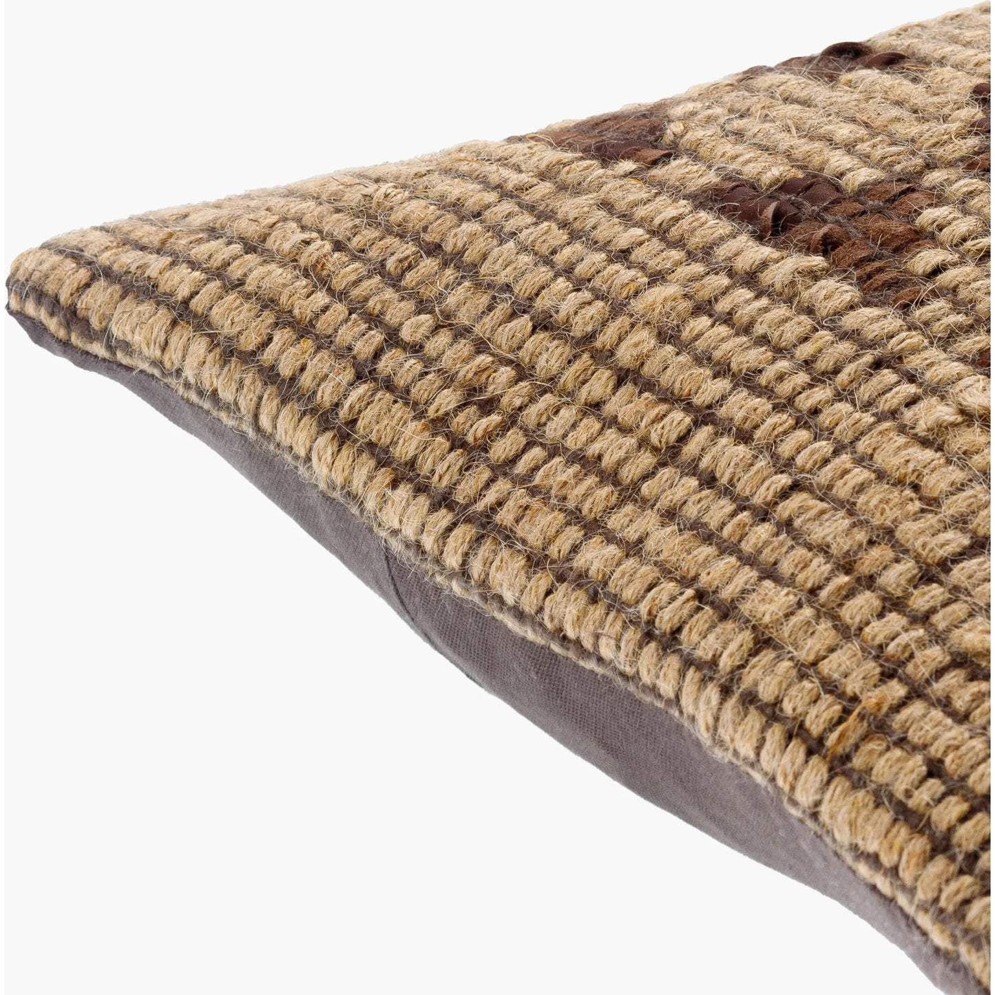 002 SI-2049579,SI-2049580 | Closeup | Twareg Pillow - 481463 by Surya in beige, chestnut, espresso. Made from front: 70% jute, 30% leather, back: 100% cotton in a cottage & farmhouse style.