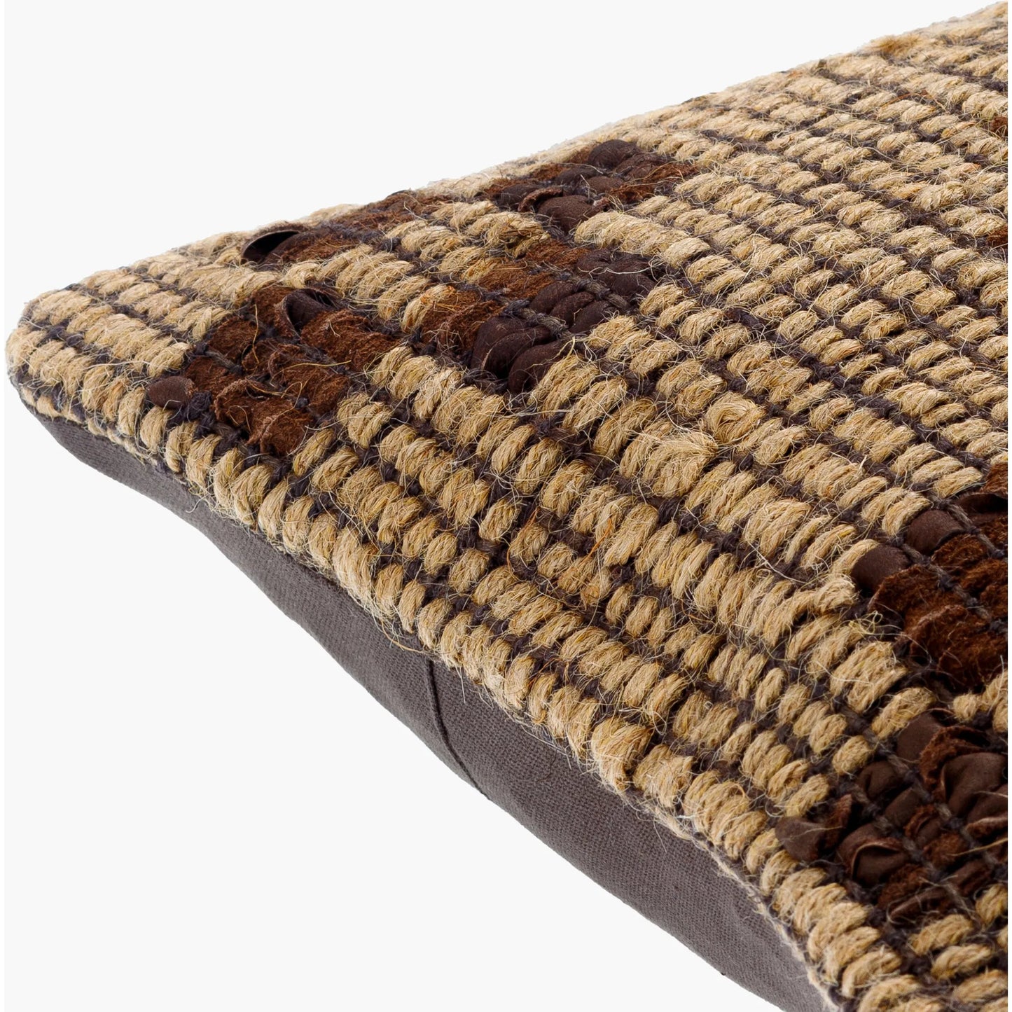 002 SI-2049591,SI-2049592 | Closeup | Twareg Pillow - 481471 by Surya in beige, chestnut, espresso. Made from front: 70% jute, 30% leather, back: 100% cotton in a cottage & farmhouse style.