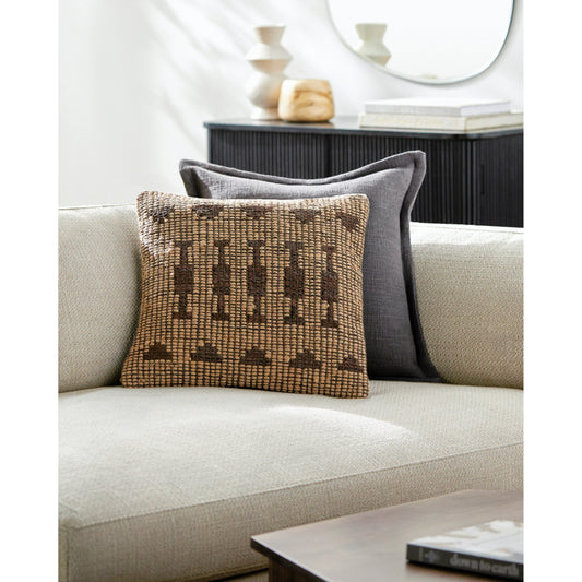 Twareg Pillow - 481474 by Surya in mustard, chestnut, sandstone. Made from front: 70% jute, 30% leather, back: 100% cotton in a cottage & farmhouse style.