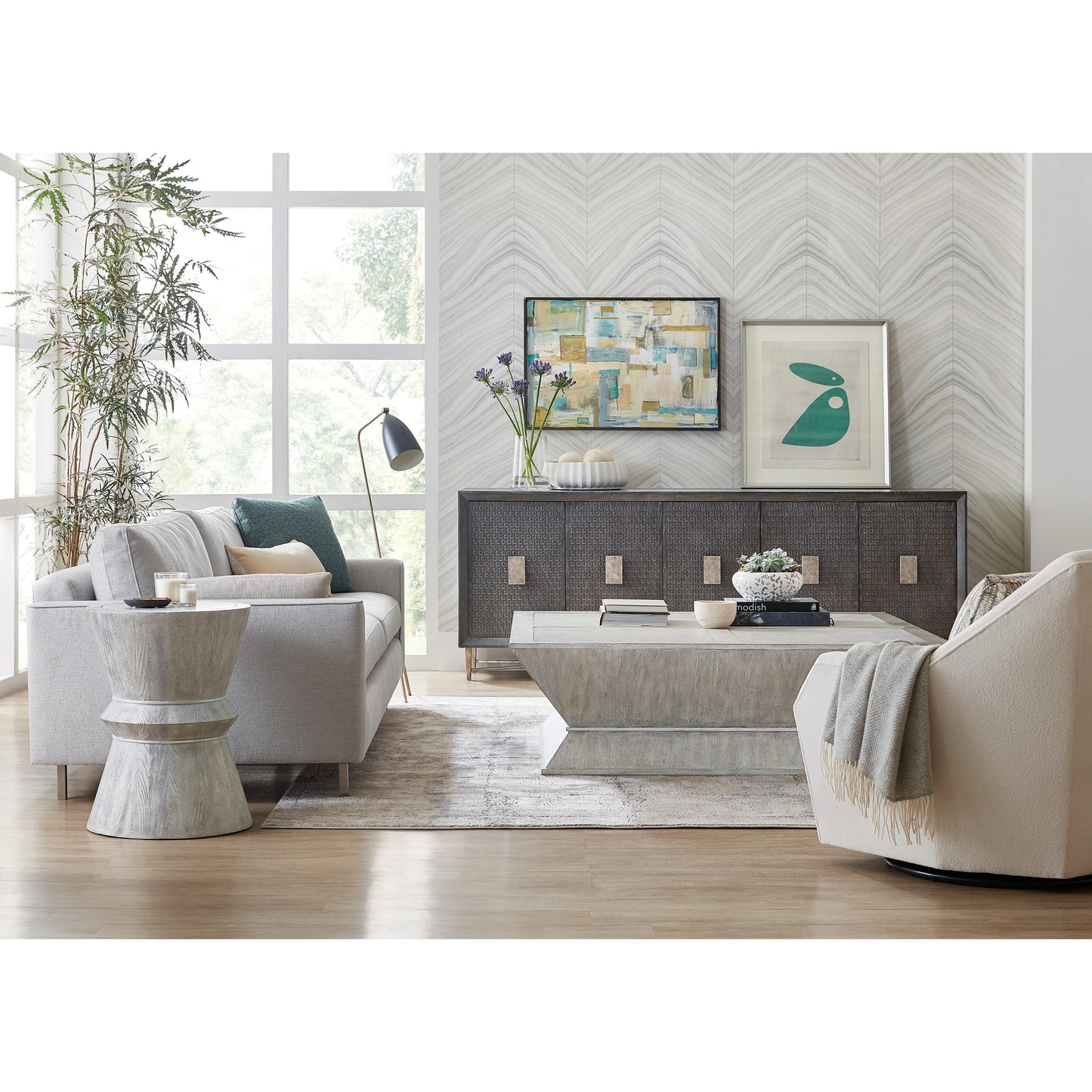 004 SI-2028929 | Lifestyle | Melange Korena Square Cocktail Table by Hooker Furniture in gray. Made from elm veneers, resin in a modern style.