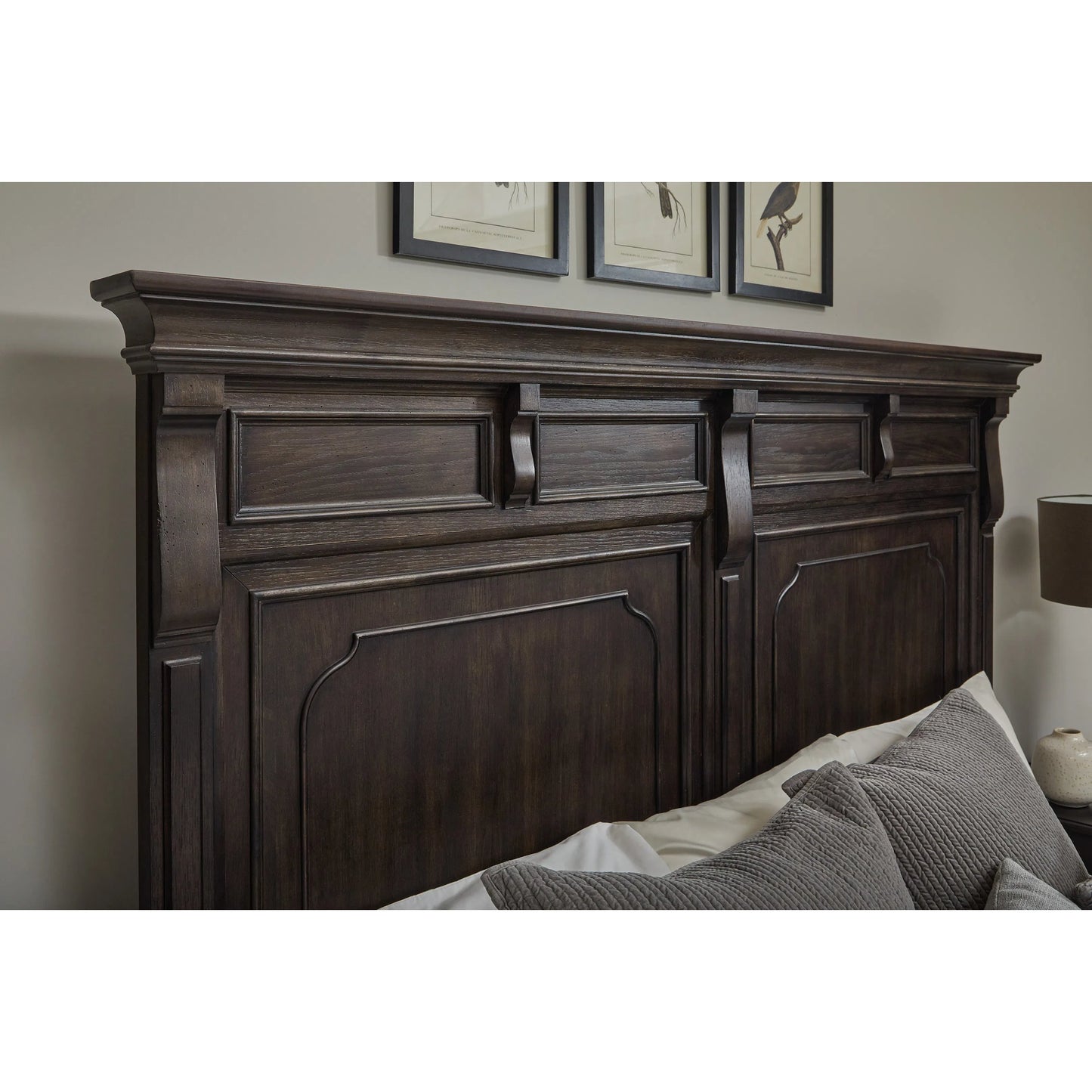 006 SI-2383566,SI-2383567,SI-2383568 | Closeup | Hickory Creek Storage Bed by Pulaski Furniture in brown velvet. Made from split heart cathedral hickory veneers in a unique style.