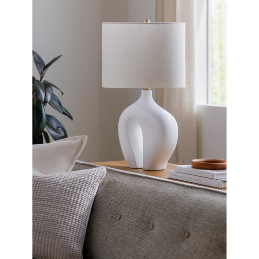 Tonya Accent Table Lamp - 531757 by Livabliss in body: white, shade: beige, finial: metallic - brass, harp: metallic - brass, cord: translucent and coloredplated. Made from resin, linen, polyester, iron in a modern style.