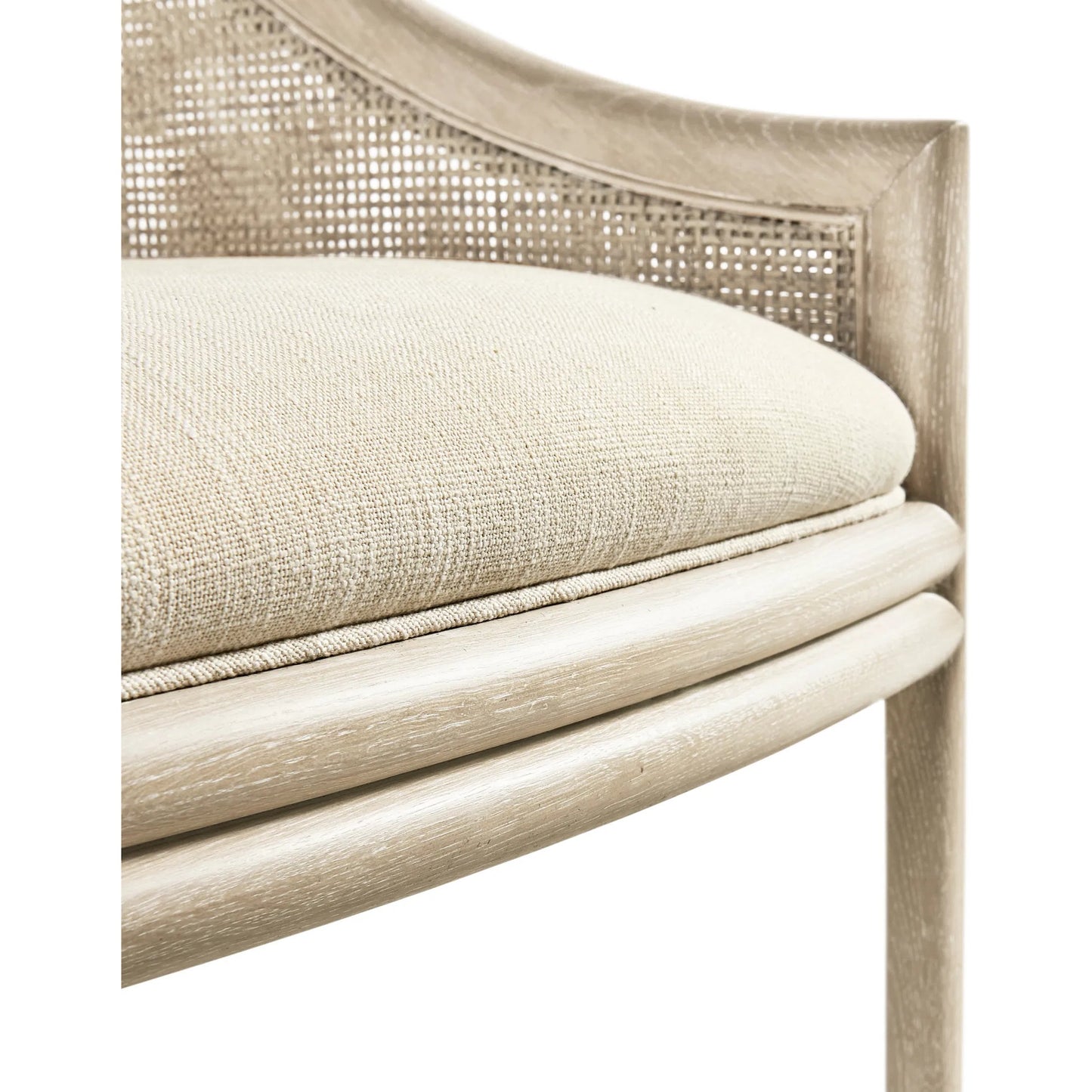 008 SI-2334496 | Closeup | Fjord Dining Chair by Jonathan Charles in white washed cerused oak. Made from oak solids, cane, rope, foam, fabric in a transitional style.