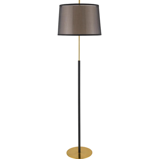 Tanza Accent Floor Lamp by Livabliss in body: black; base: metallic - brass; shade (outside): black; shade (inside): beige; finial: metallic - brass; harp: metallic - nickel; cord: black and hand painted. Made from iron, lin