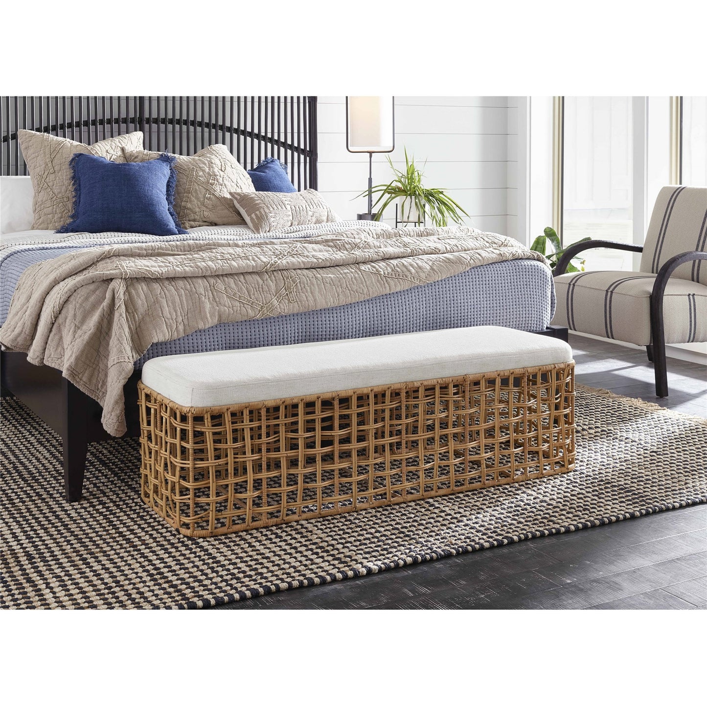 003 SI-1871239 | Lifestyle | Getaway Rattan Bench by Coastal Living by Universal Furniture in nomad snow and natural rattan. Made from 92% polyester, 8% linen in a coastal style.