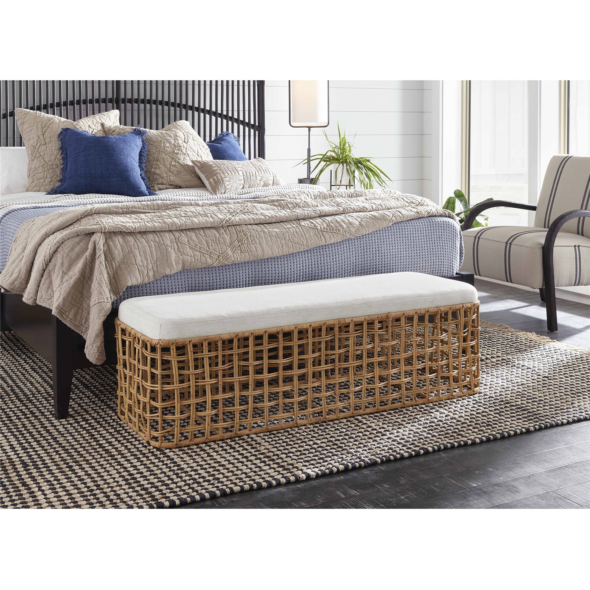 Getaway Rattan Bench by Coastal Living by Universal Furniture in nomad snow and natural rattan. Made from 92% polyester, 8% linen in a coastal style.