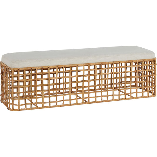 Getaway Rattan Bench by Coastal Living by Universal Furniture in nomad snow and natural rattan. Made from 92% polyester, 8% linen in a coastal style.