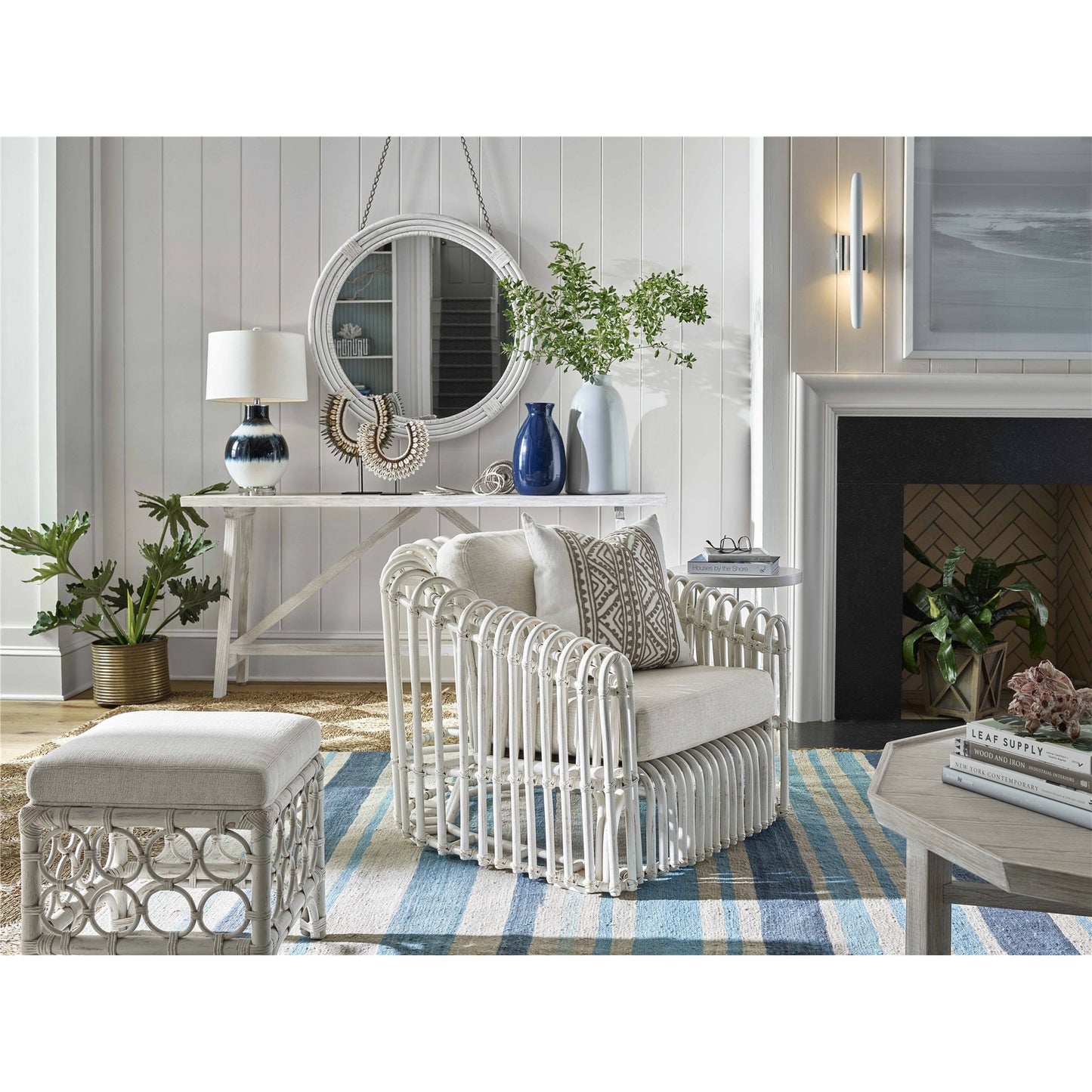005 SI-1871241 | Lifestyle | Getaway Rattan Stool by Coastal Living by Universal Furniture in nomad snow and egret. Made from 92% polyester, 8% linen in a coastal style.