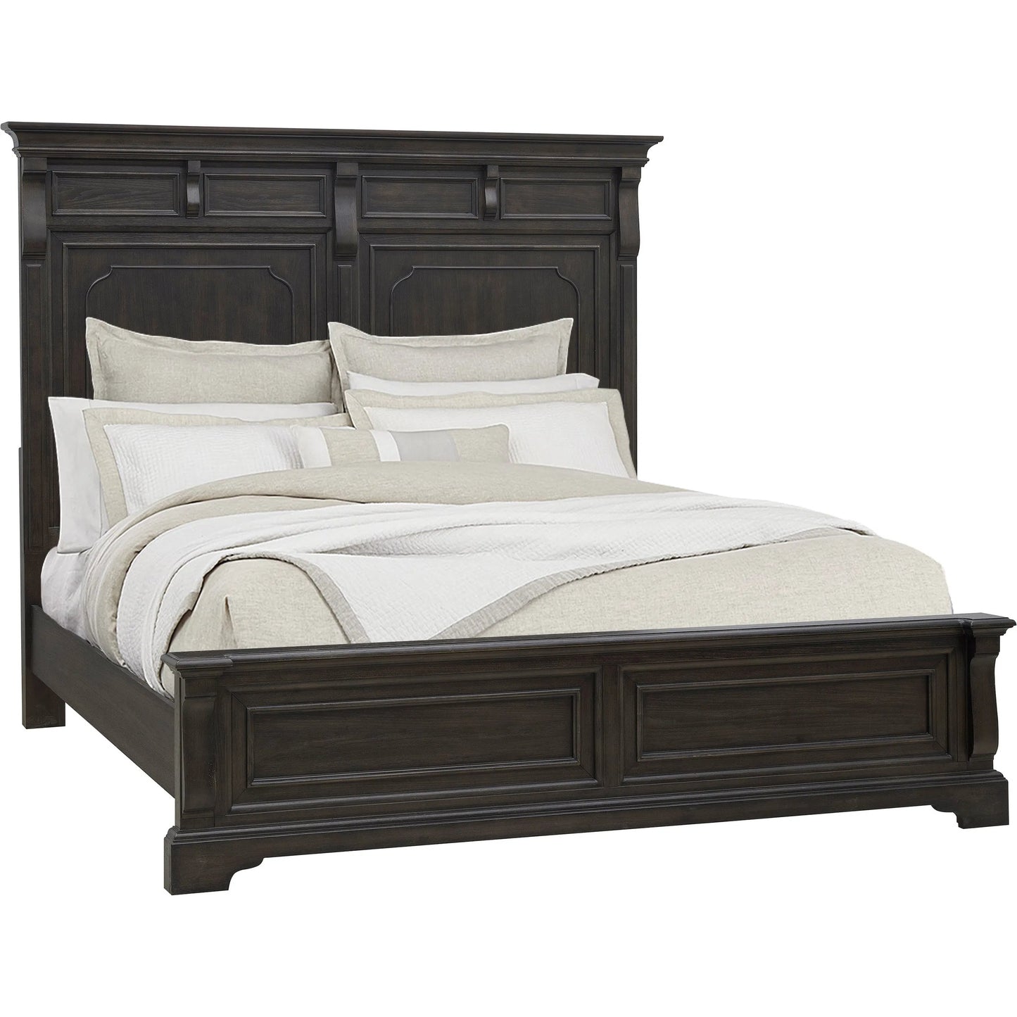 001 SI-2383563,SI-2383564,SI-2383565 | Primary Silo | Hickory Creek Panel Bed by Pulaski Furniture in brown velvet. Made from split heart cathedral hickory veneers in a unique style.