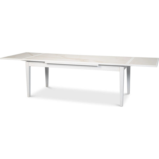 Rectangle Extension Dining Table by Sarreid Ltd. in white. Made from beechwood legs, veneer, porcelain, cortina white base, porcelain top in a modern style.
