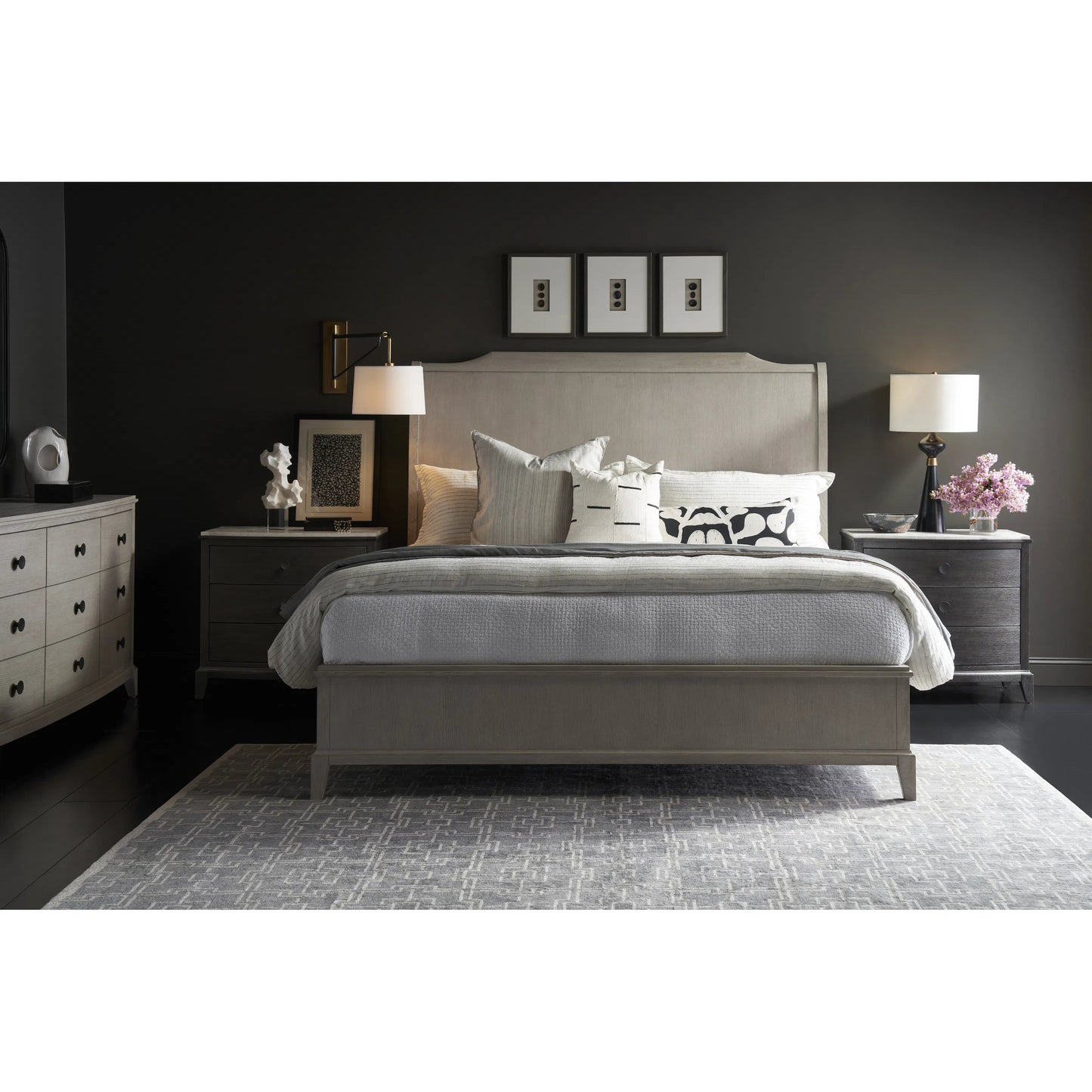 003 SI-2146361,SI-2146362 | Lifestyle | Coalesce Silva Sleigh Platform Bed by Universal Furniture in rolling fog. Made from unique in a unique style.