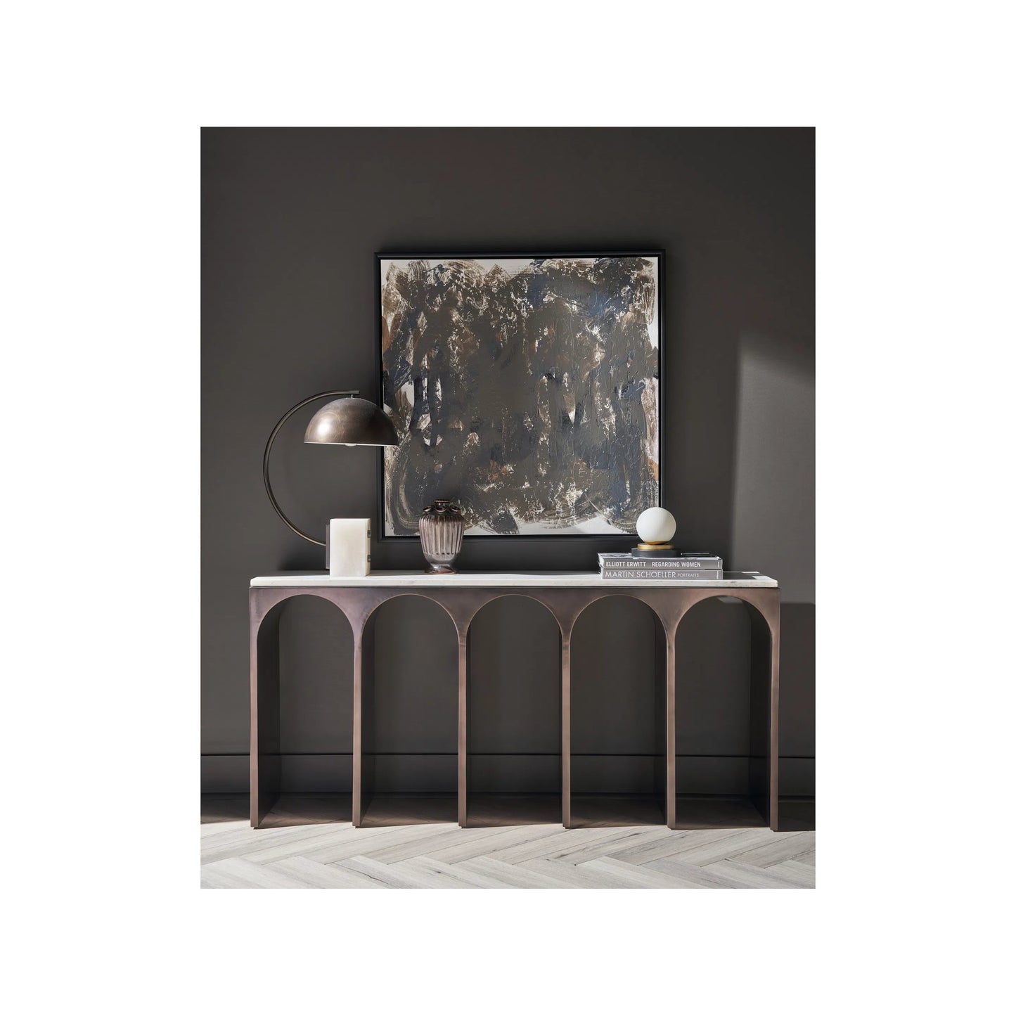 003 SI-2195663 | Lifestyle | Modern Moda Console Table by Universal Furniture in white banswara, aged satin pewter. Made from unique in a unique style.