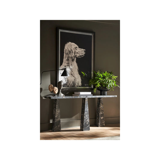 Modern Spectrum Sofa Table by Universal Furniture in golden portoro marble. Made from unique in a modern style.