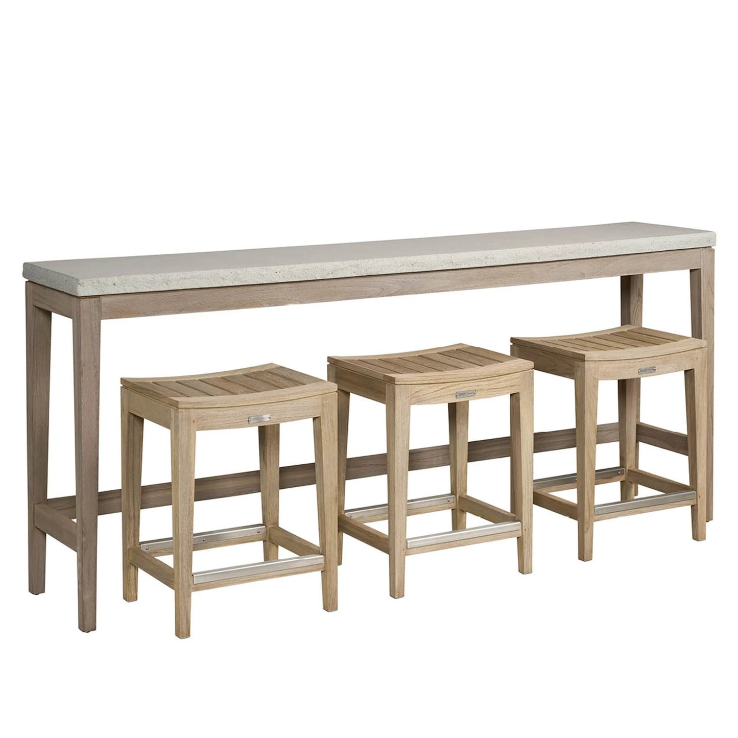 001 SI-2303239 | Primary Silo | Saratoga Console with 3 Counter Stools by Coastal Living by Universal Furniture in warm weathered teak. Made from unique in a unique style.