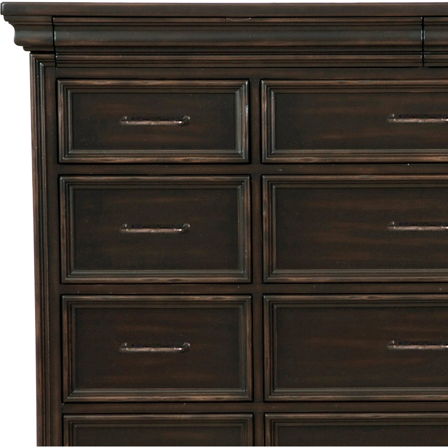 003 SI-2155452 | Closeup | Caldwell Master Chest by Pulaski Furniture in deep brown. Made from acacia veneers in a traditional style.