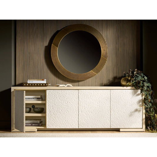 Modern Aurora Credenza by Universal Furniture in light oak, carved stone. Made from unique in a unique style.