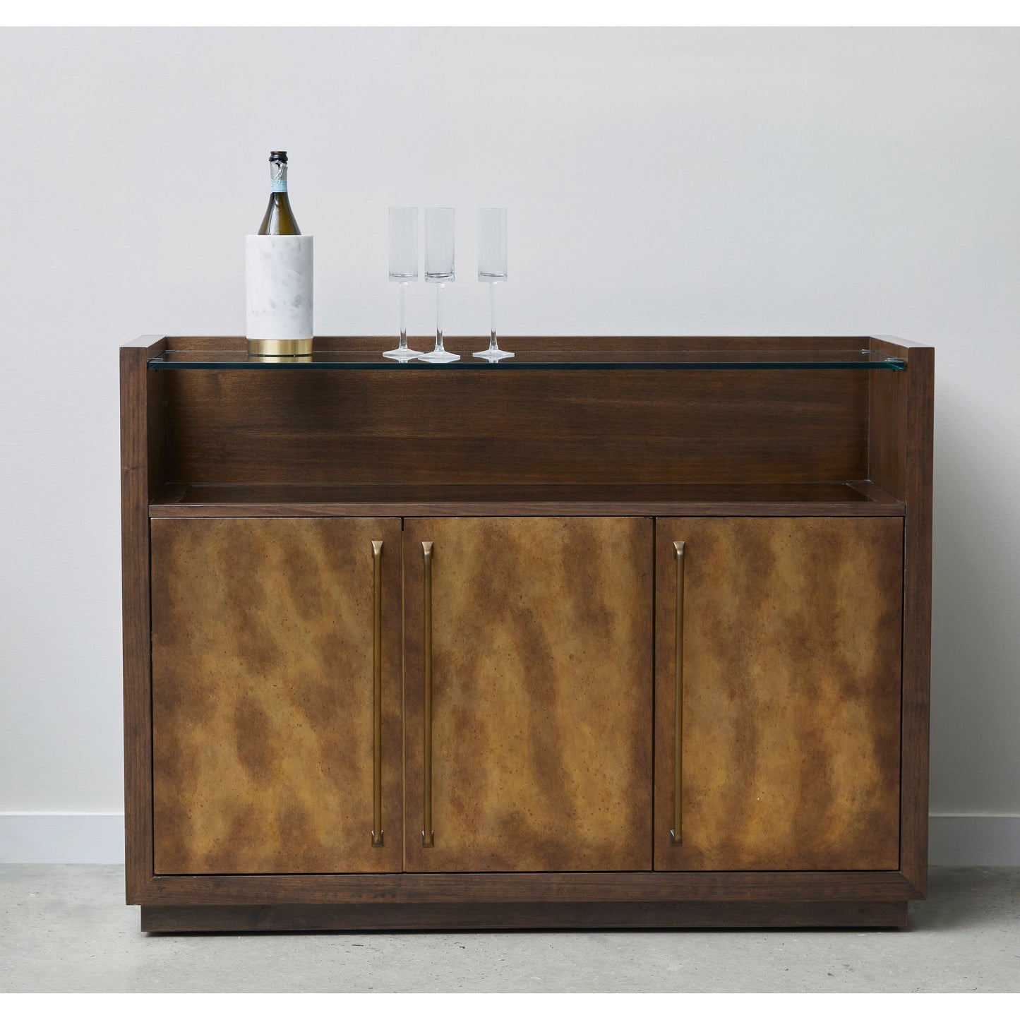 006 SI-2155494 | Lifestyle | Three Door Copper Bar Cabinet by Pulaski Furniture in coffee bean brown. Made from rubberwood, mdf in a modern style.