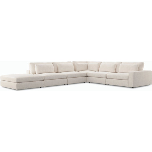Bloor 5-Piece Sectional with Ottoman by Four Hands in essence natural. Made from 49% viscose (rayon), 22% flax, linen, 18% polyester, 11% cotton, solid pine, 50% fiber, 50% down in a modern style.
