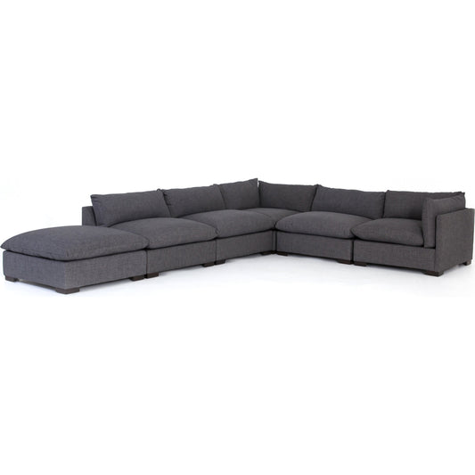 Westwood 5 Piece Sectional with Ottoman by Four Hands in espresso, bennett charcoal and bennett charcoal. Made from 100% polyester, solid banak, solid pine in a modern style.
