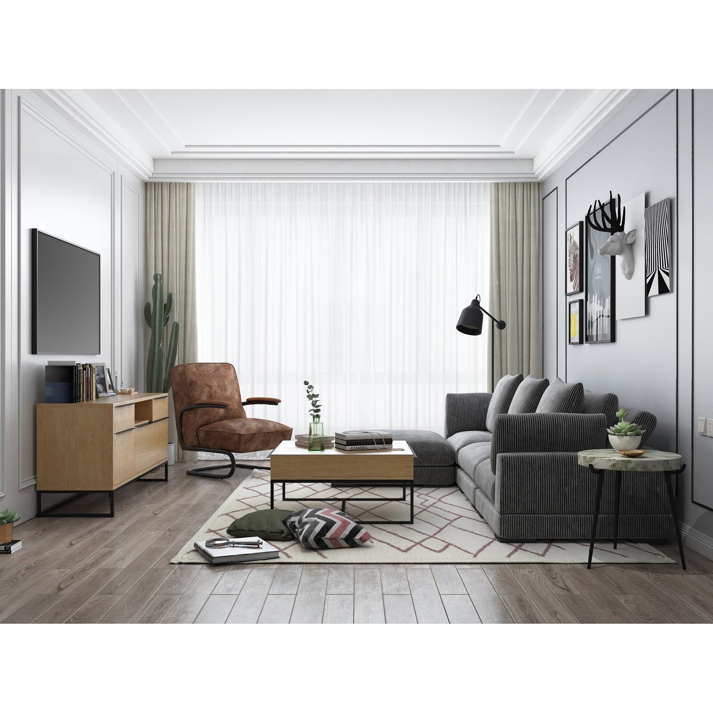 009 SR-386872 | Lifestyle | Tumble Ottoman by Moe's Home Collection in dark gray. Made from upholstery: 100% polyester, solid eucalyptus wood frame, plywood, upholstery foam in a modern style.