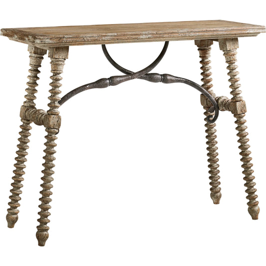Caldera Turned-Leg Console Table by Jonathan Charles in light spain painted walnut. Made from acacia veneer in a traditional style.