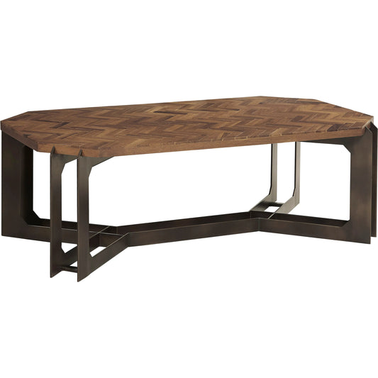 Rustic Cocktail Table with Metal Base by Pulaski Furniture in brown. Made from parota wood in a eclectic & global style.
