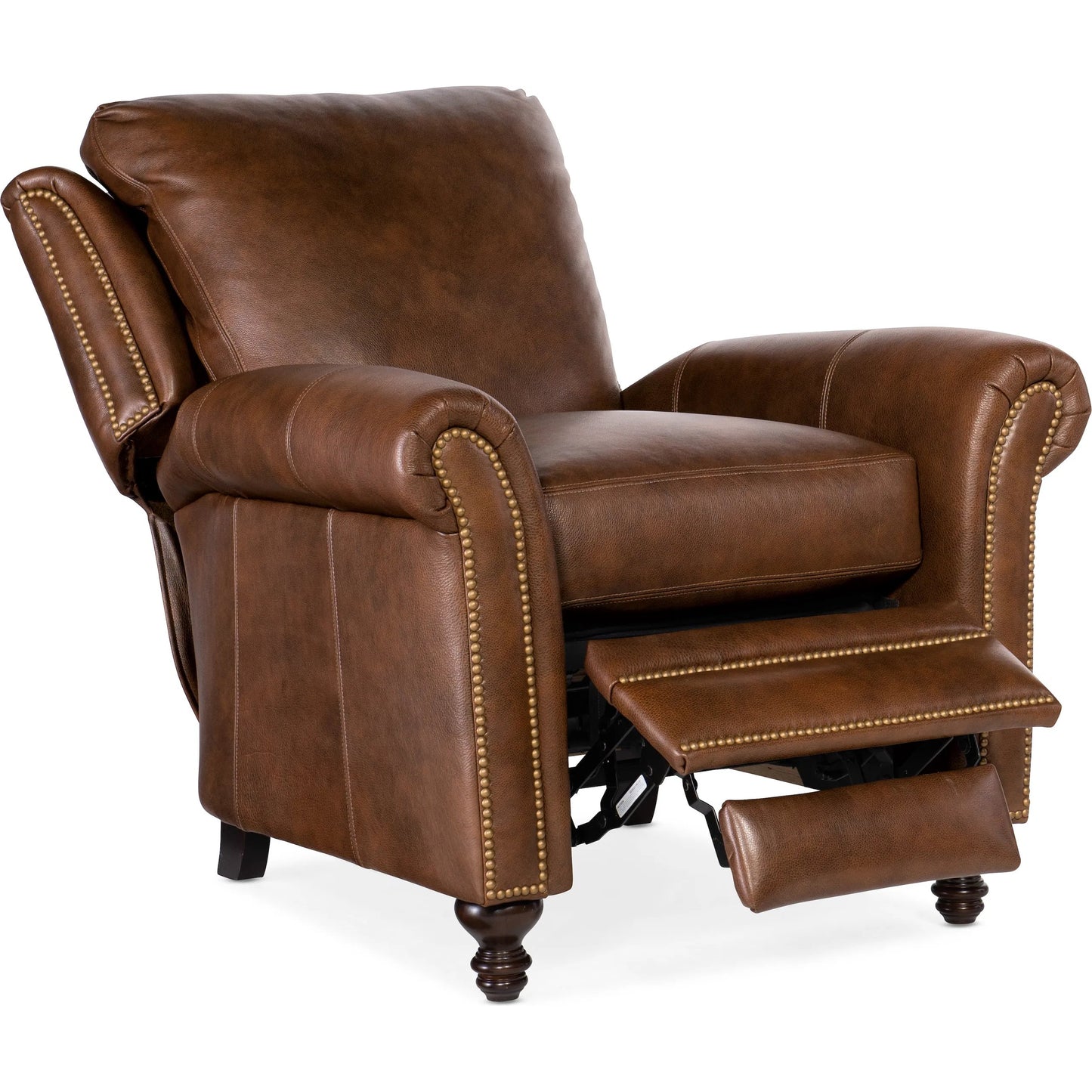 005 SI-1873190 | Additional Silo | Richardson High Leg Reclining Lounger by Bradington-Young by Hooker Furniture in brown and plantation, brass. Made from 100% leather in a unique style.