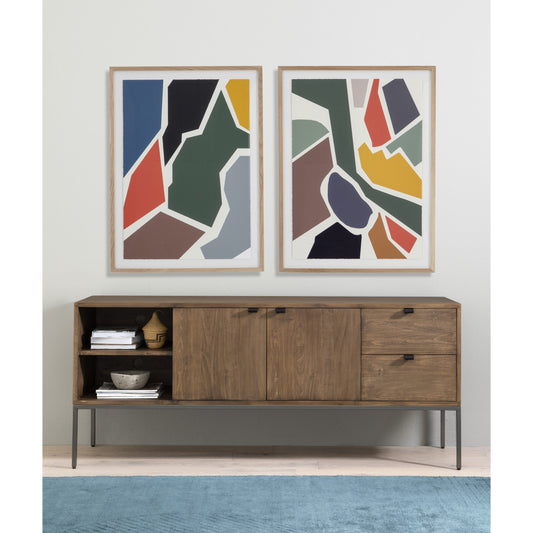 Trey Media Console by Four Hands. Made from solid poplar, top grain leather, iron in a modern style.