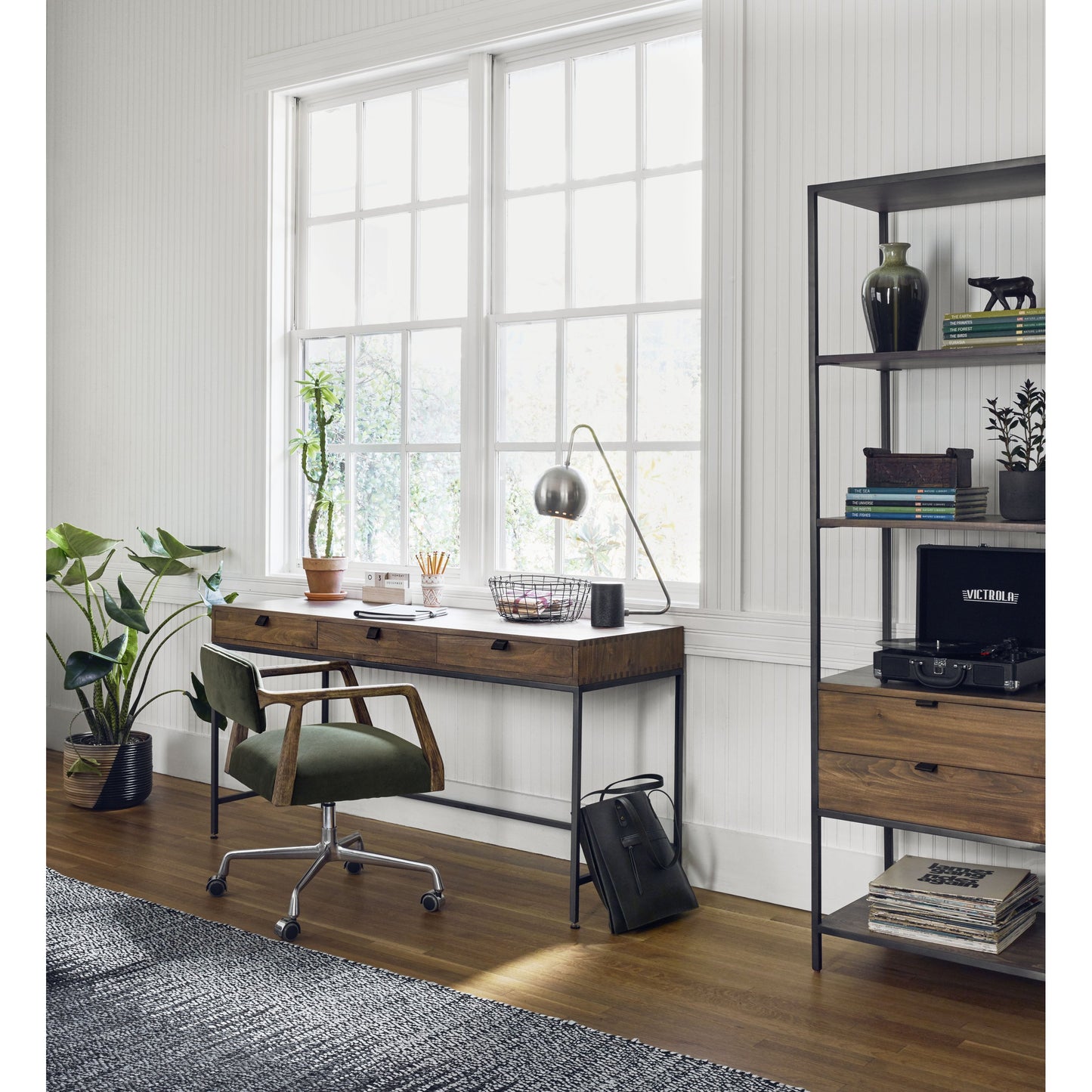 037 SR-369268 | Lifestyle | Trey Bookshelf by Four Hands. Made from iron, top grain leather, solid poplar in a modern style.
