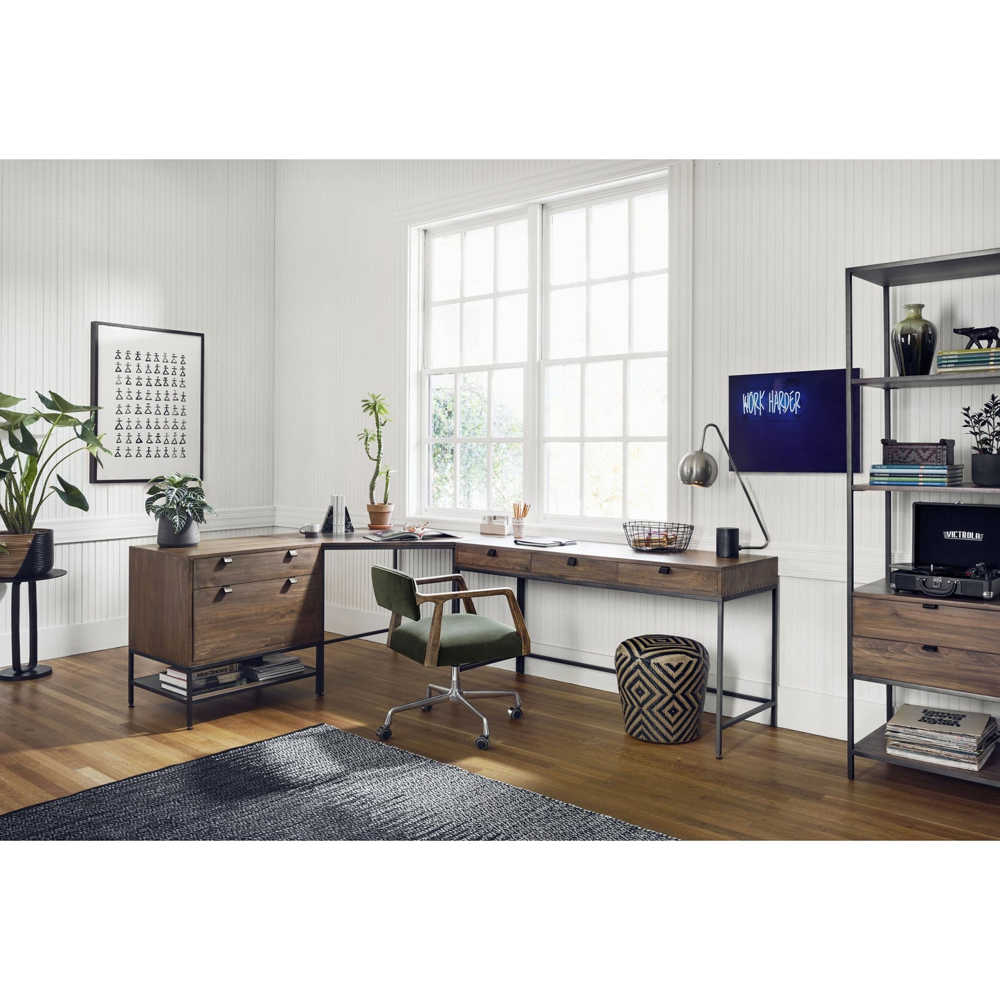 036 SR-369271 | Lifestyle | Trey Modular Writing Desk by Four Hands. Made from solid poplar, top grain leather, iron in a modern style.
