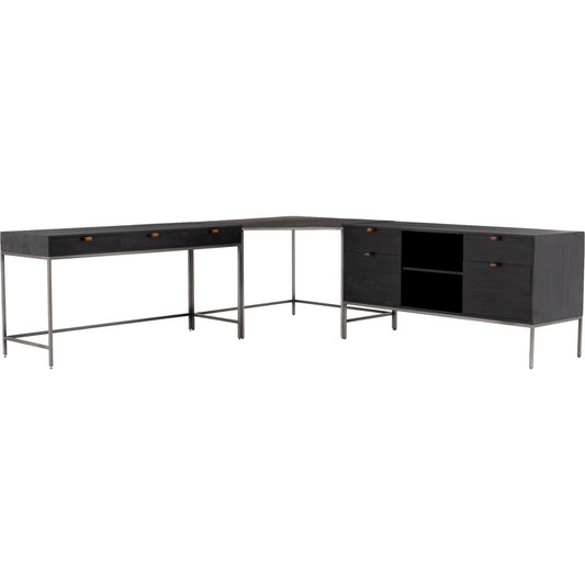008 SI-1717030 | Primary Silo | Trey Desk with Filing Credenza by Four Hands in black wash and natural iron, black wash poplar, toffee leather. Made from solid poplar, top grain leather, iron in a modern style.