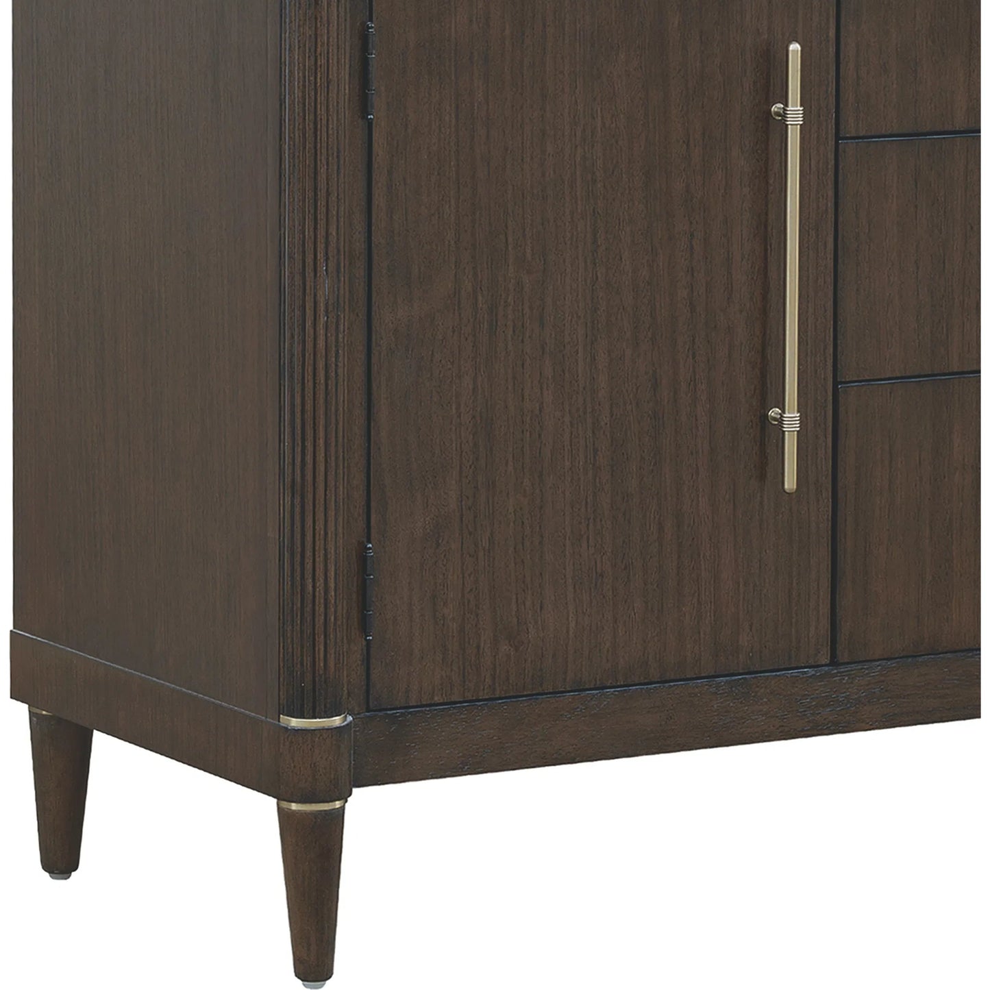 005 SI-2449355 | Closeup | Asher Park Glass Top 2 Door Buffet with Storage Drawers by Pulaski Furniture in piano brown. Made from eucalyptus veneers in a unique style.