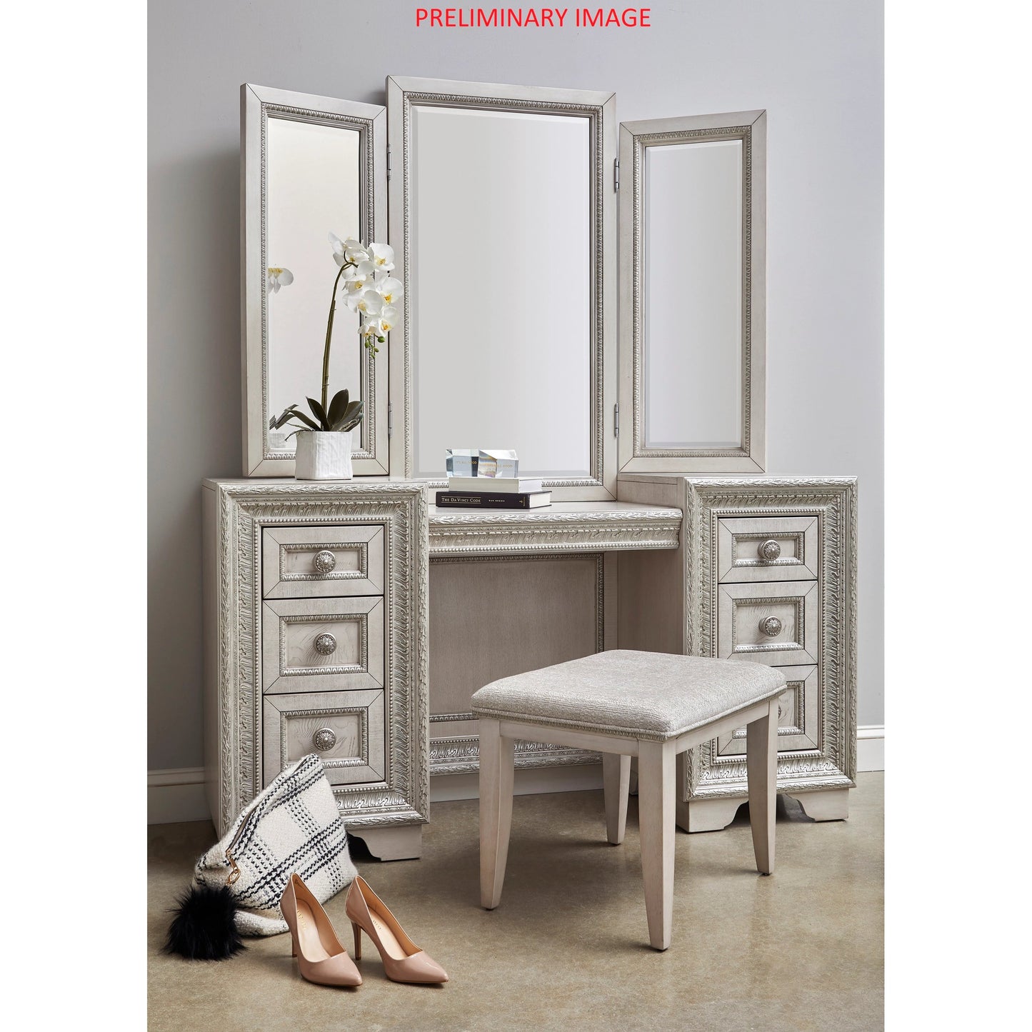 004 SI-2155468 | Lifestyle | Camila Vanity Stool by Pulaski Furniture in semi-transparent creamy white. Made from ash veneers in a modern style.
